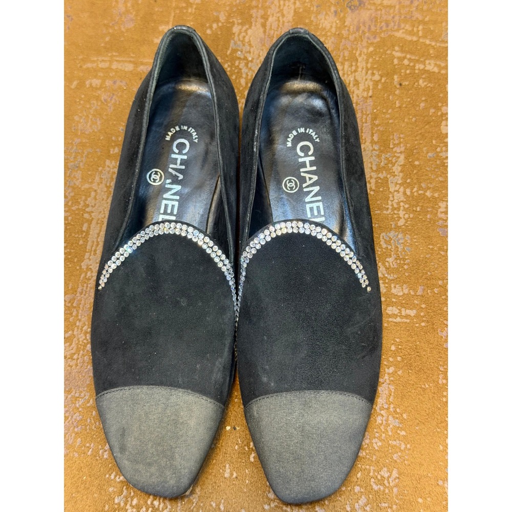 Chanel Black Suede Crystal Trim Cap Toe Loafers Flats G35833 Size 38